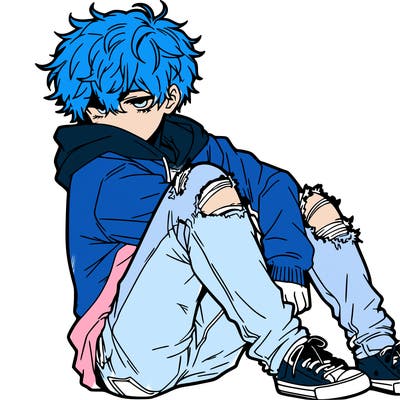 a male hoddie ripped jeans messy hair anime