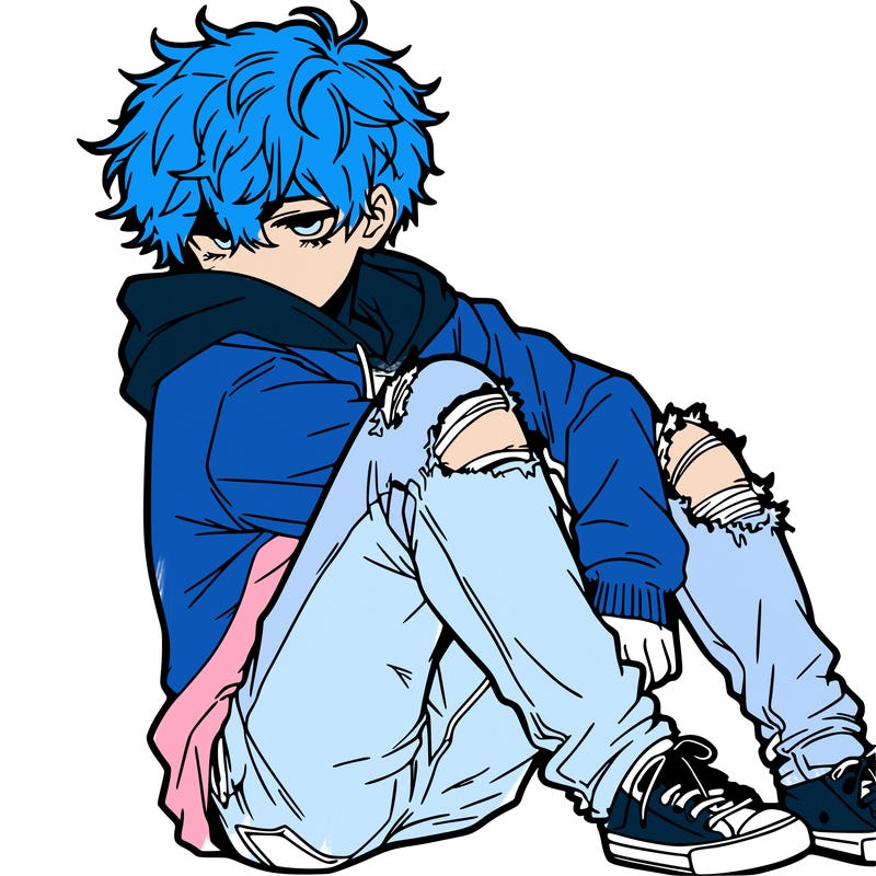 a male hoddie ripped jeans messy hair anime