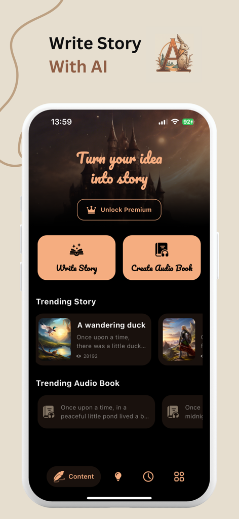 Novel AI : AI Story Generator - Rabi mobile app interface showing write story and create audio book options with trending AI generated stories