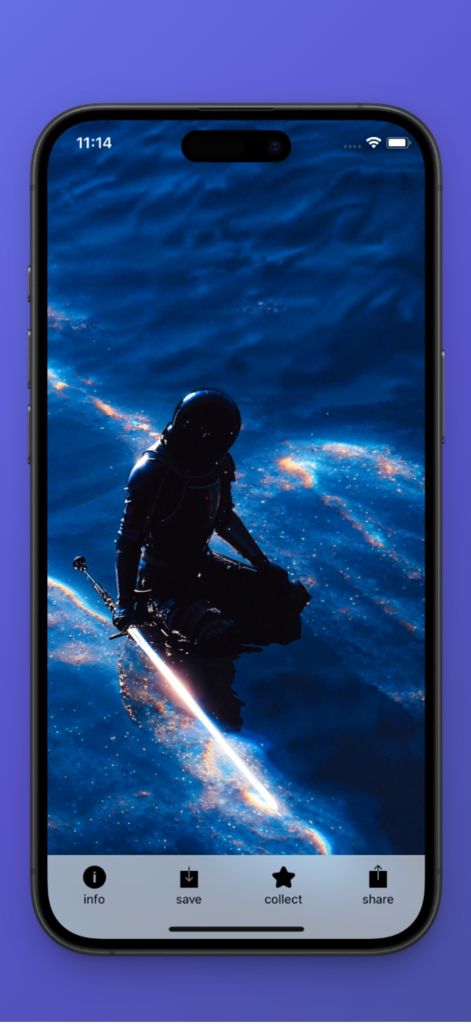 Un fond d'écran 4K cinématographique d'un chevalier futuriste affiché sur un iPhone dans l'application wallhaven Pro
