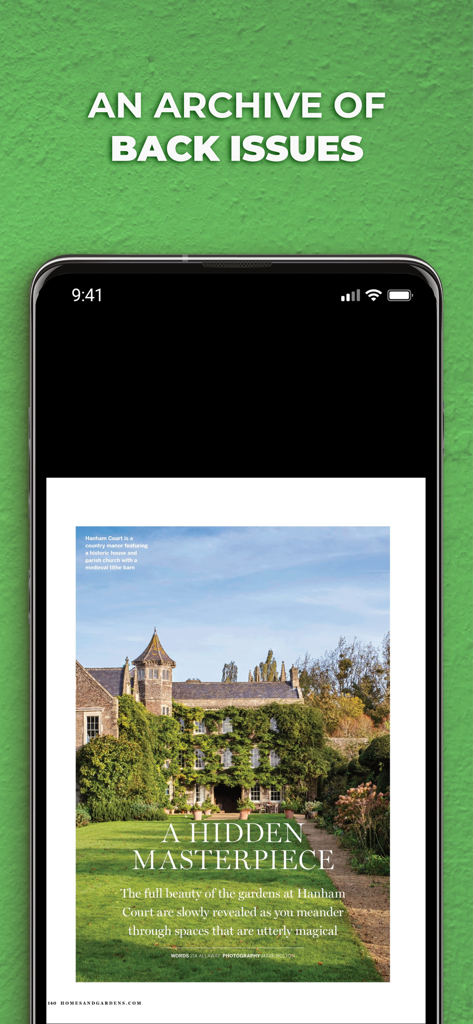 A smartphone displaying a digital magazine article titled A Hidden Masterpiece about a historic garden within the app's archive of back issues.