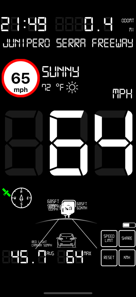 Digital speedometer app interface showing current speed road name and weather conditions