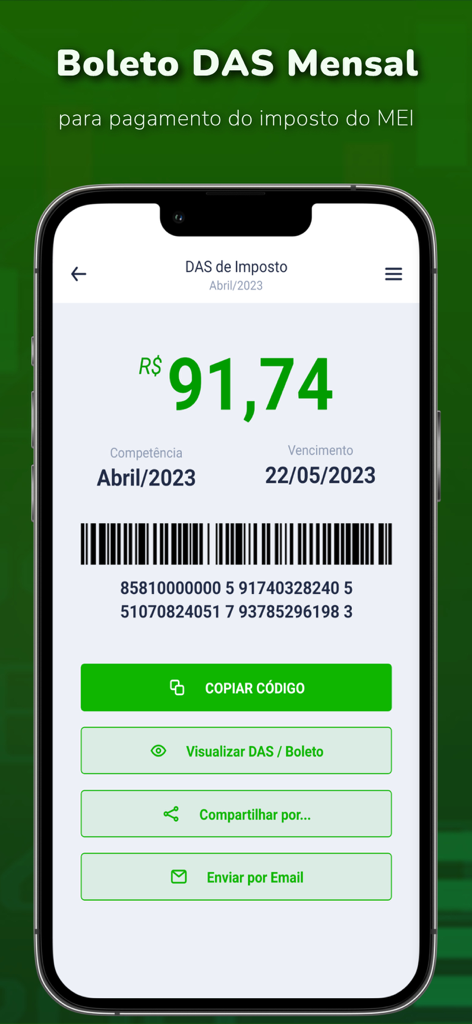 Total MEI: Serviços, DAS Fácil - Tela de smartphone mostrando a interface de pagamento de impostos DAS com código de barras e botão de cópia do código