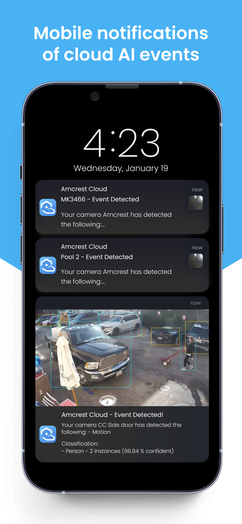 Amcrest Cloud - iPhone lock screen showing Amcrest Cloud mobile notifications for AI powered motion and person detection events