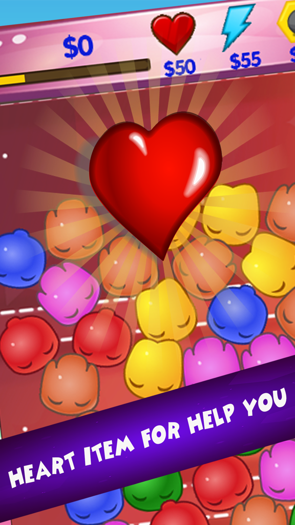 Un gran corazón rojo potenciador sobre bloques de gelatina coloridos en un juego match three