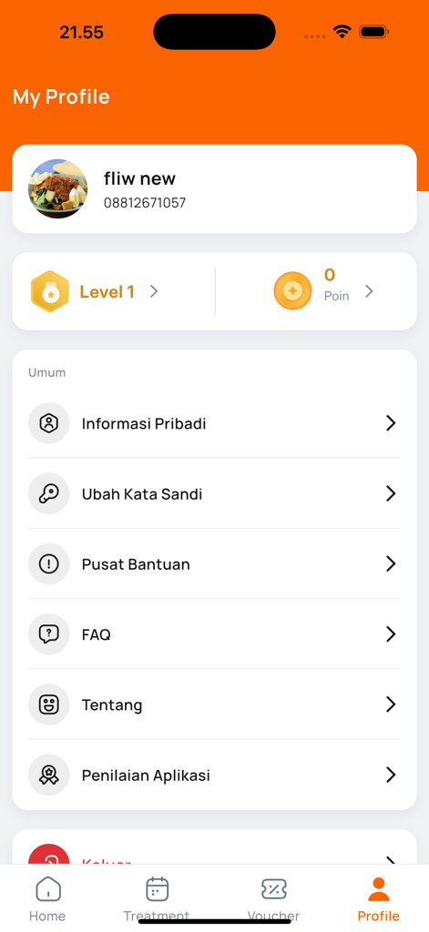 Qeza Care - Pantalla de perfil de usuario de la aplicación de clínica estética Qeza Care que muestra la configuración de la cuenta y los puntos de recompensa