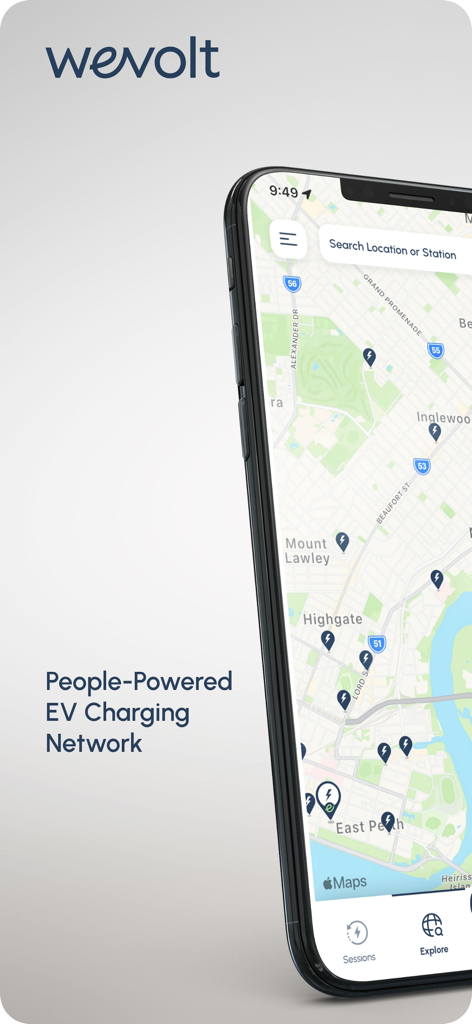 The Wevolt app interface showing a map of EV charging stations with the tagline People-Powered EV Charging Network.