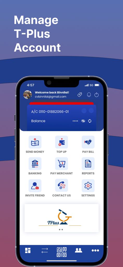 T-Plus - T-Plus mobile banking app dashboard showing financial services like send money and pay bills