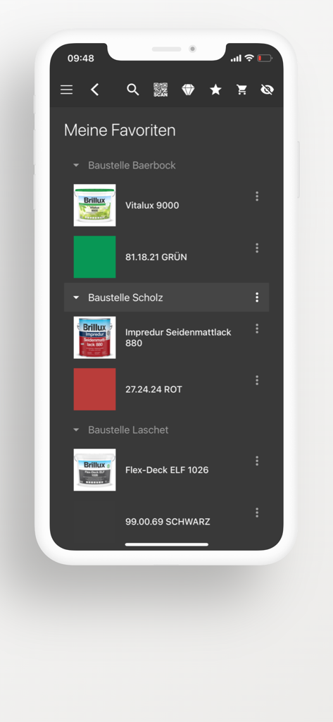 Brillux 앱 즐겨찾기 화면. 특정 건설 프로젝트별로 정리된 저장된 페인트 제품 및 색상 코드 목록을 보여줍니다.