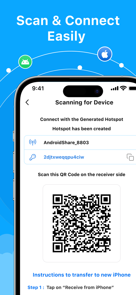 ShareAny: Smart File Sharing - Pantalla de la aplicación ShareAny que muestra un código QR para una fácil conexión de dispositivos y transferencia de archivos multiplataforma