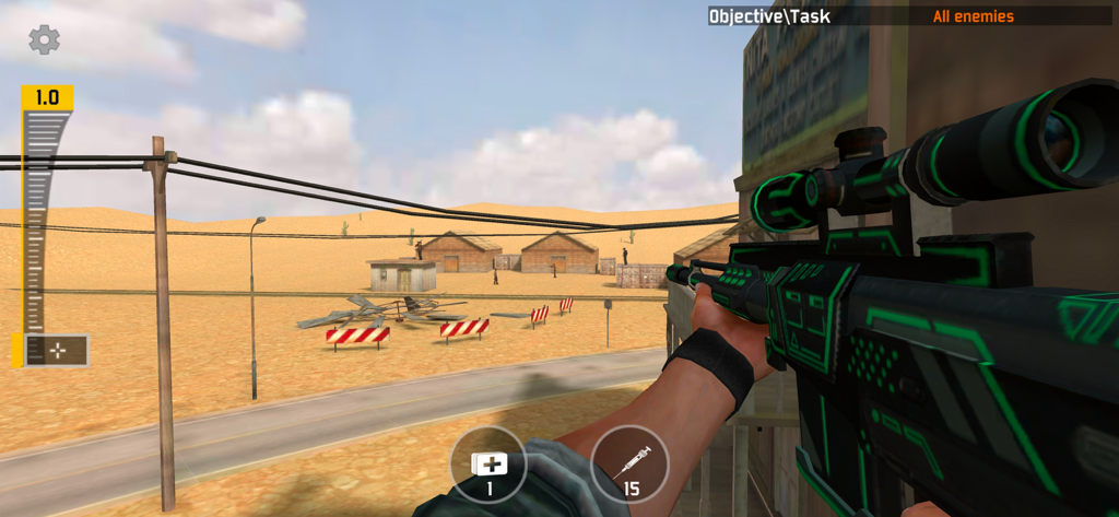Sniper Honor: 3D Shooting Game - First person view of a neon green sniper rifle targeting enemies in a desert environment in Sniper Honor