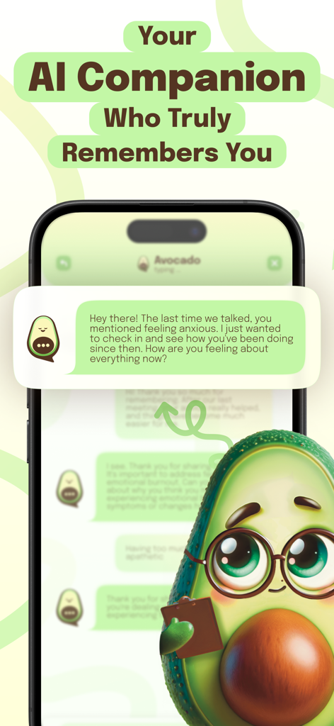 Avo the AI companion remembering a users previous feelings of anxiety in a chat interface