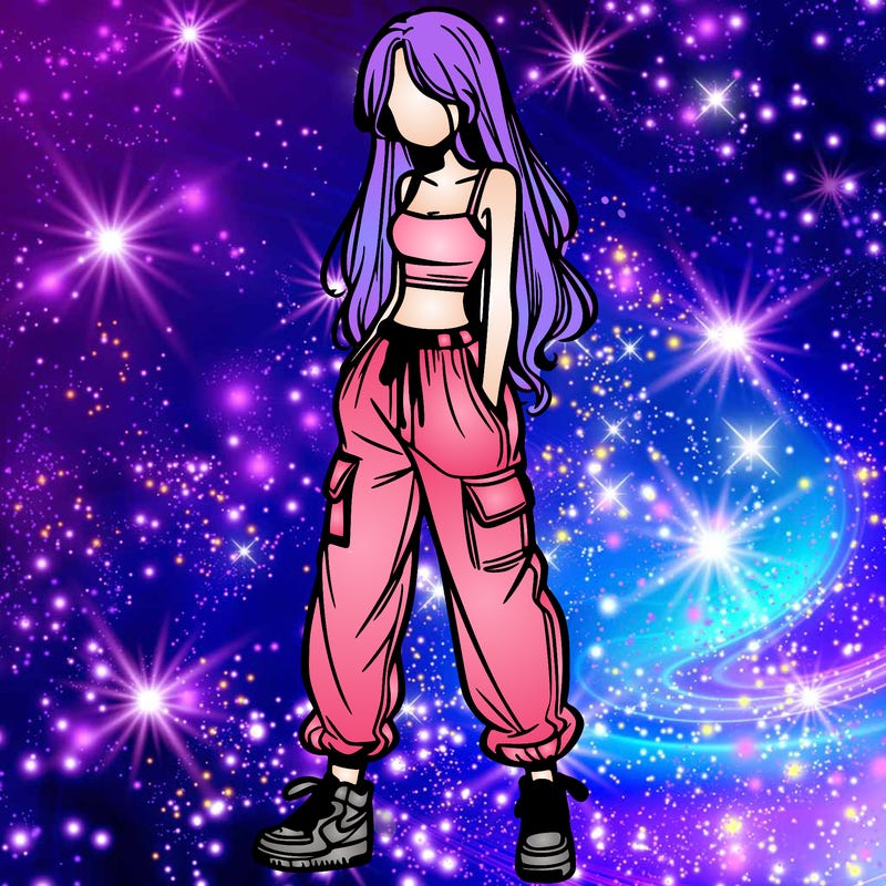 girl in baggy pants crop top and long hair