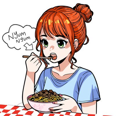 a realistic girl, eating food