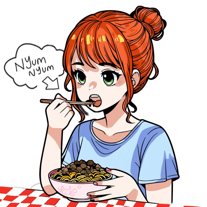 a realistic girl, eating food