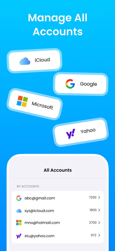 MCBackup app interface showing contact management for iCloud Google Microsoft and Yahoo accounts