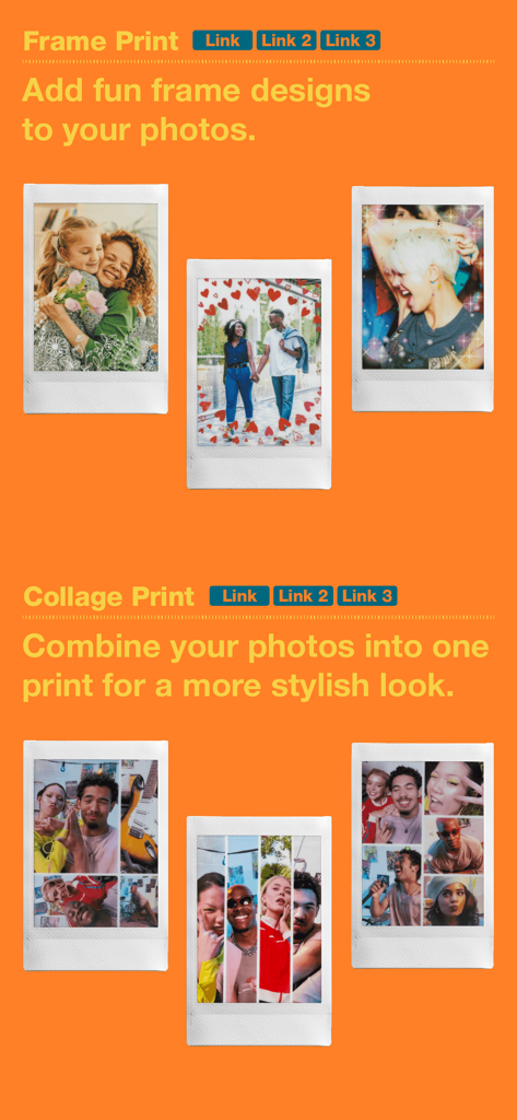 A showcase of the Frame Print and Collage Print features in the instax mini Link app with decorative frames and photo layouts.