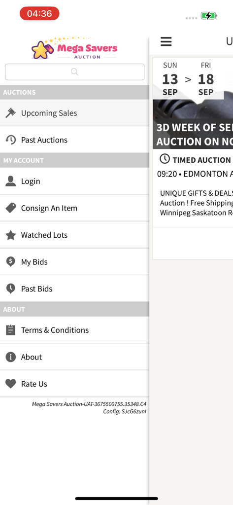 Mega Savers Auction - Side navigation drawer of the Mega Savers Auction mobile app featuring links to upcoming sales, past auctions, and user account settings.