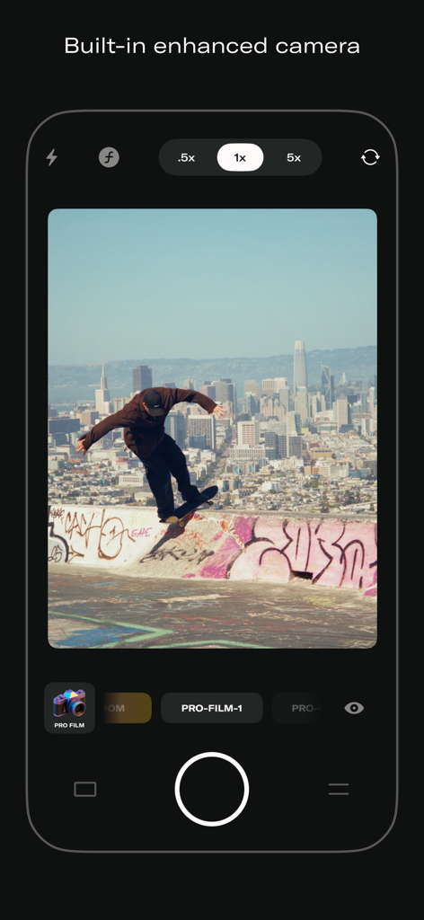 Interface of the DAZE CAM app showing the built-in camera with a vintage film filter applied to a photo of a skateboarder in the city