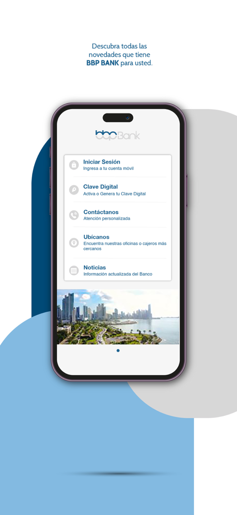 BBP Bank - Pantalla de inicio de la aplicación de banca móvil BBP Bank con opciones de inicio de sesión y navegación en español.