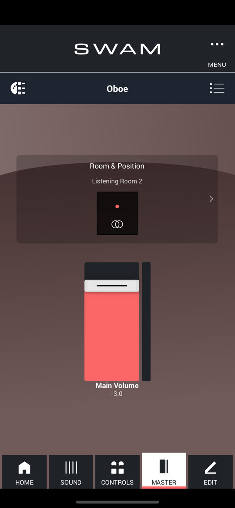 SWAM Oboe - Interfaz de configuración maestra de la aplicación SWAM Oboe mostrando la pestaña Master con el simulador de sala y posición y el volumen principal.