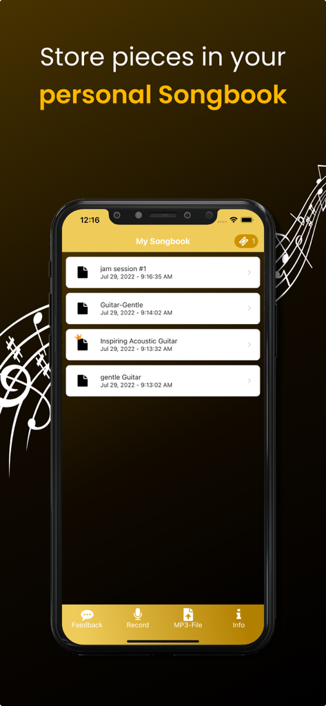 Guitar2Tabs - Transcribe Riffs - The personal songbook screen of the Guitar2Tabs app displaying a list of recorded guitar transcriptions
