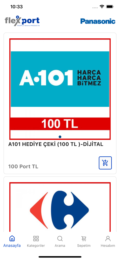 Flex-Port - Flex-Port app interface showing a 100 TL digital gift card for A-101 supermarket as an employee reward.