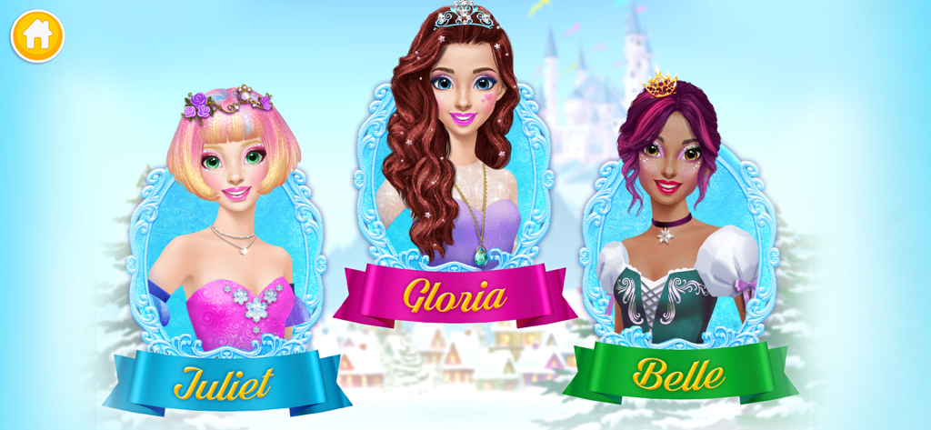 Princess Gloria Makeup Salon - Tres personajes de princesas llamadas Juliet, Gloria y Belle en un escenario invernal