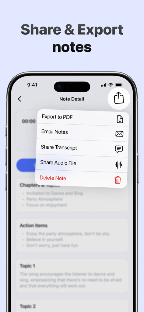 Interface of Fathom AI showing options to export notes to PDF, email notes, or share transcripts.