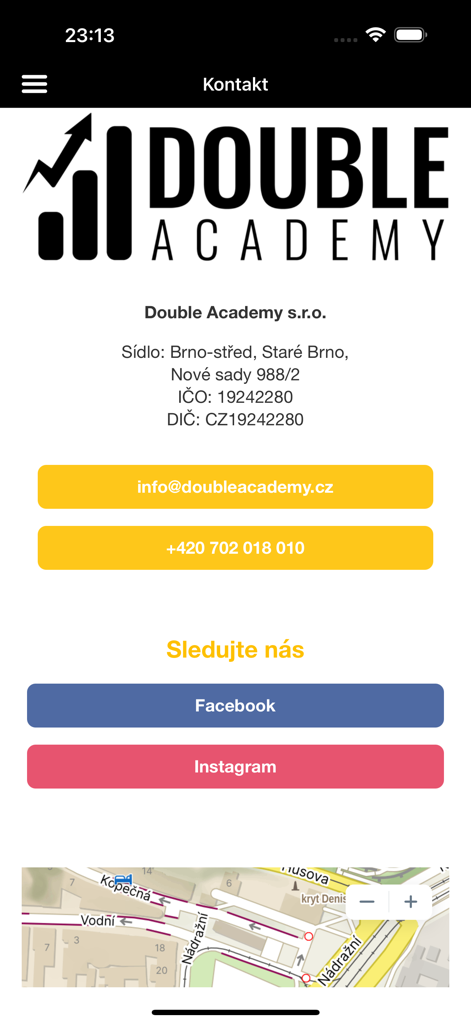 Double academy - Double Academy contact screen showing company details social media links and a map