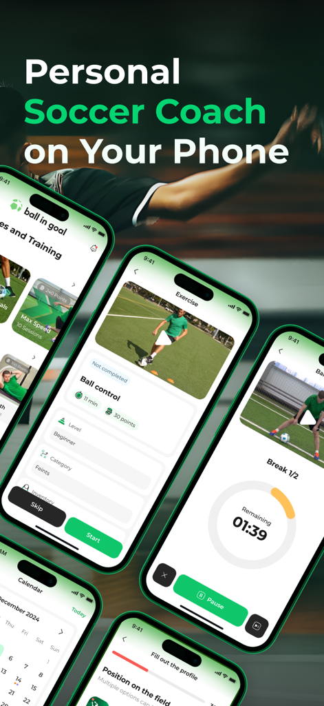 Ball in Goal: Soccer Training - Interface do aplicativo de treinamento de futebol Ball in Goal mostrando exercícios e treinos em um smartphone.