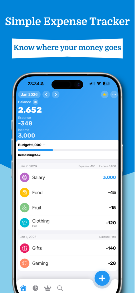 Expense Tracker: EasyBudget - Mobile app dashboard of Expense Tracker showing monthly budget progress and a list of categorized transactions with colorful icons