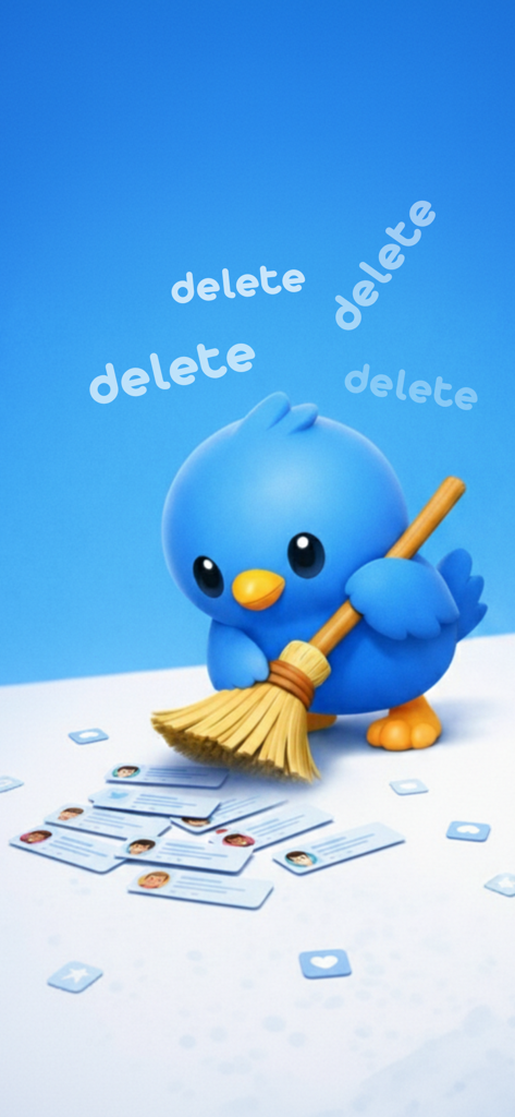 Delex - Delete Tweets Easily - A blue bird mascot sweeping away old tweets with a broom to illustrate bulk deletion