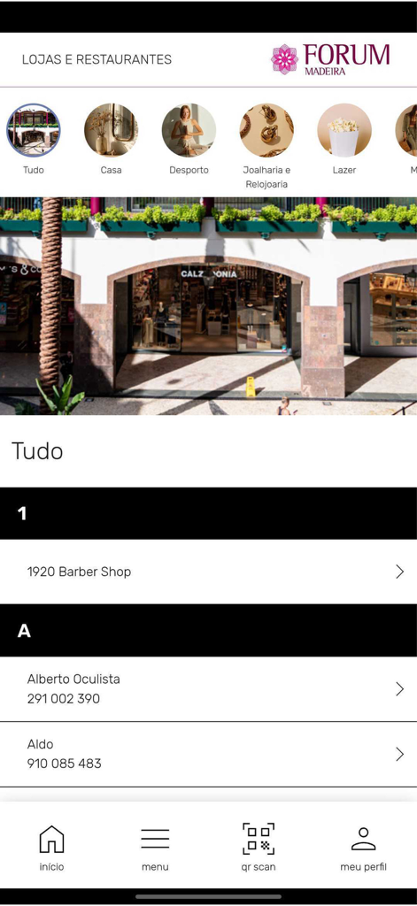 Forum Madeira - Interface de l'application Forum Madeira montrant une liste de boutiques et de restaurants avec des filtres par catégorie