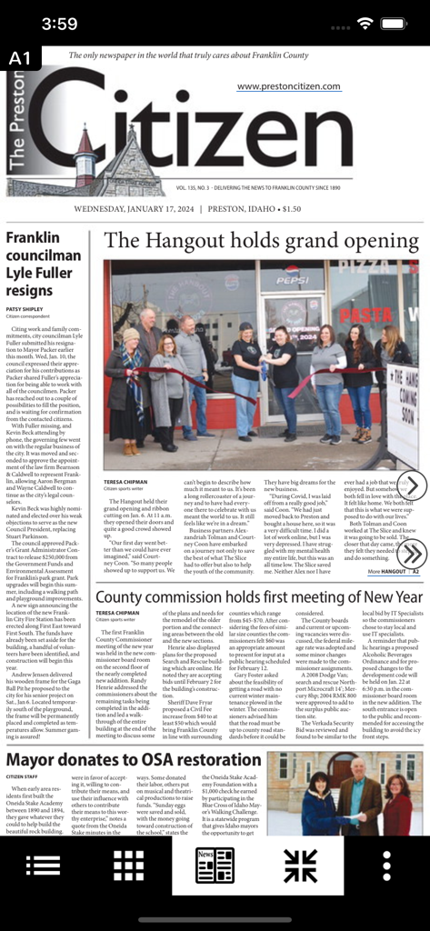 Front page of the Preston Citizen eEdition digital newspaper replica showing local news from Franklin County