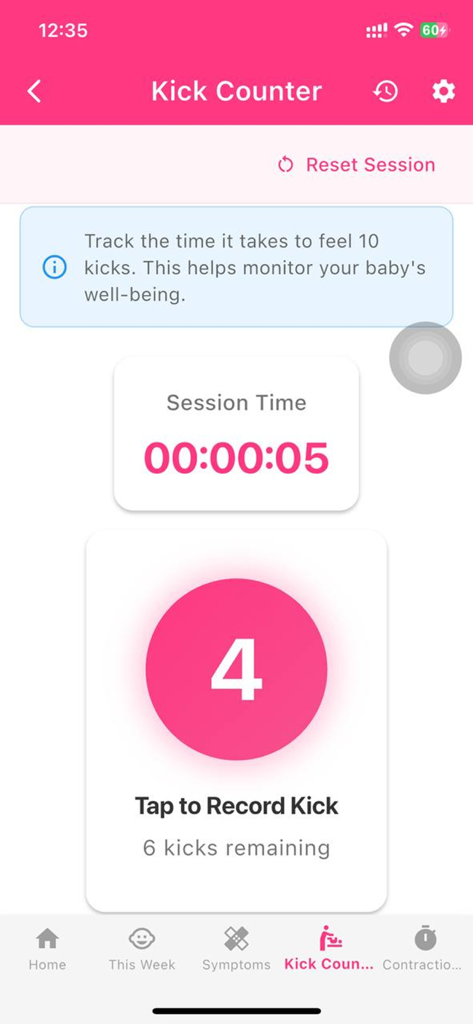 Pregnancy Calculator & Tracker - Pregnancy tracker app screen showing a kick counter tool with a session timer and kick tally.