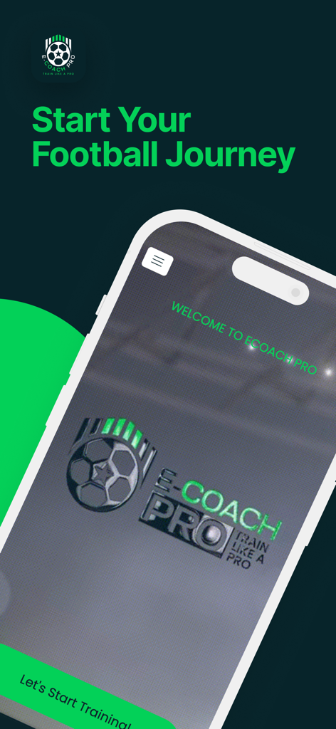 E-Coach Pro: Soccer Training - Pantalla de bienvenida de la aplicación de entrenamiento de fútbol E-Coach Pro con el texto Inicia tu Viaje Futbolístico