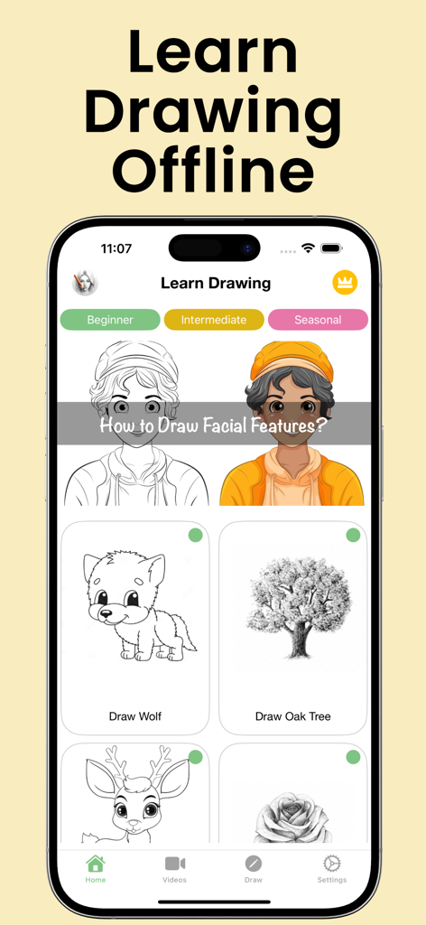 Learn Drawing Offline: Artify - Schermata principale dell'app di disegno Artify con tutorial di disegno offline per personaggi, animali e natura