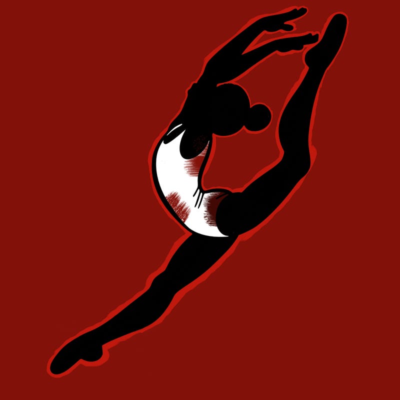 gymnast doing a leap in a leotard with a bent back leg