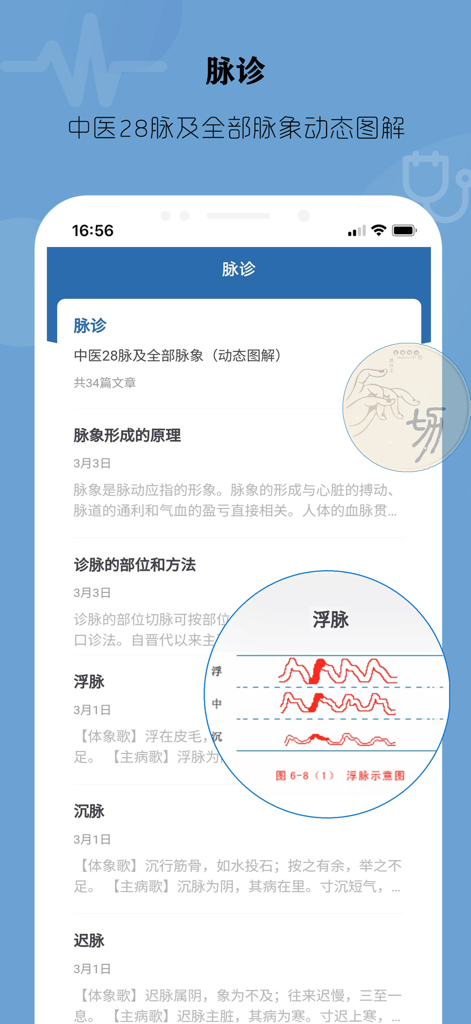 中医诊断学 - 望闻问切 - Interfaz de una aplicación de diagnóstico MTC que muestra tipos de examen de pulso y diagramas de forma de onda.