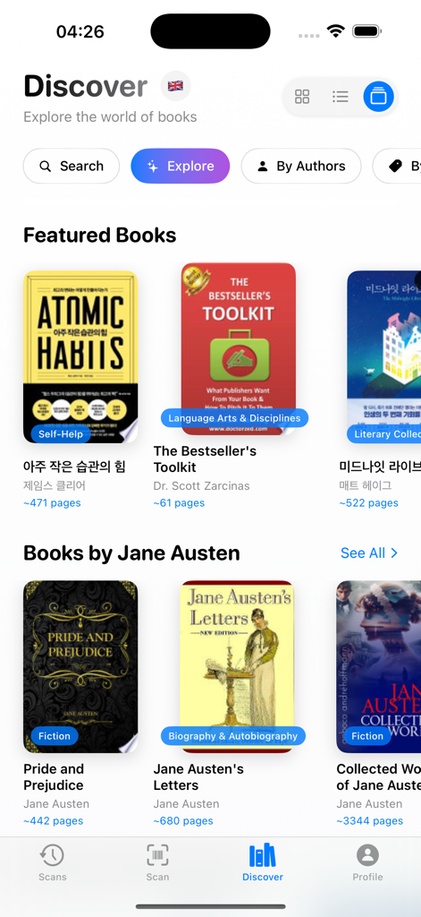 BookScan - You Scan - BookScan app Discover screen featuring popular books and Jane Austen collection