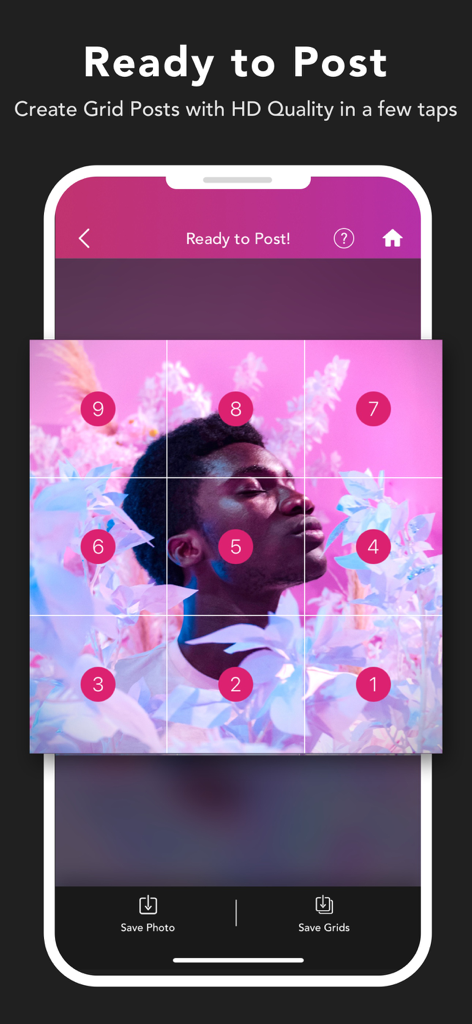Griddy Pro: Split Pic in Grids - Interface showing a 3x3 grid split of a portrait with numbered squares ready to post on Instagram