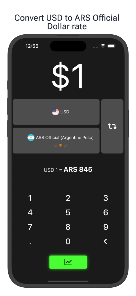 Argentine Peso to Dollar rates - App interface showing USD to ARS official exchange rate conversion