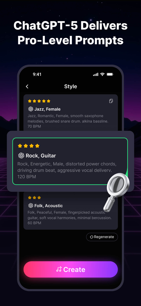 Interface do aplicativo Tad AI Music Generator mostrando prompts de estilo profissional para vários gêneros musicais como rock e jazz.