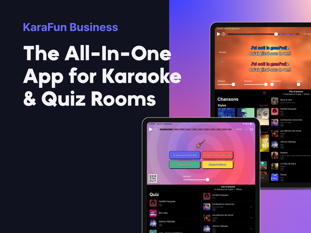 KaraFun Business - Pantalla de marketing de KaraFun Business mostrando la interfaz de canto de karaoke y la trivia musical interactiva en dos iPads.