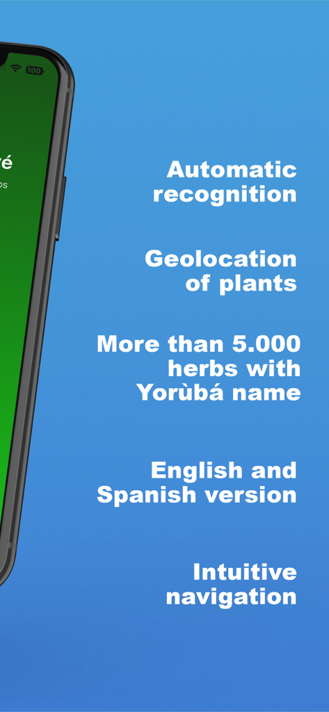 Key features of Osanyin Yoruba Herbs app including automatic recognition, geolocation of plants, and Yoruba herb database.