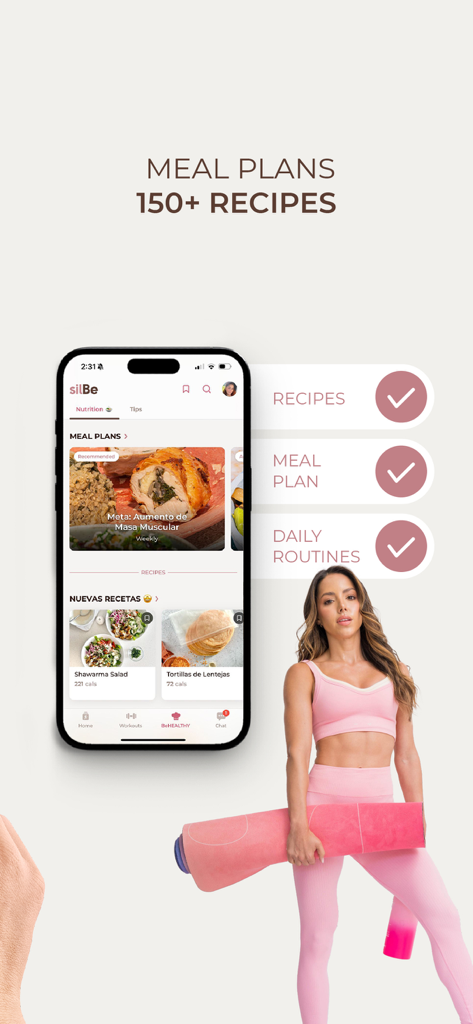 silBe: Fitness for Women - Pantalla de nutrición de la aplicación silBe mostrando planes de comidas y recetas saludables para mujeres