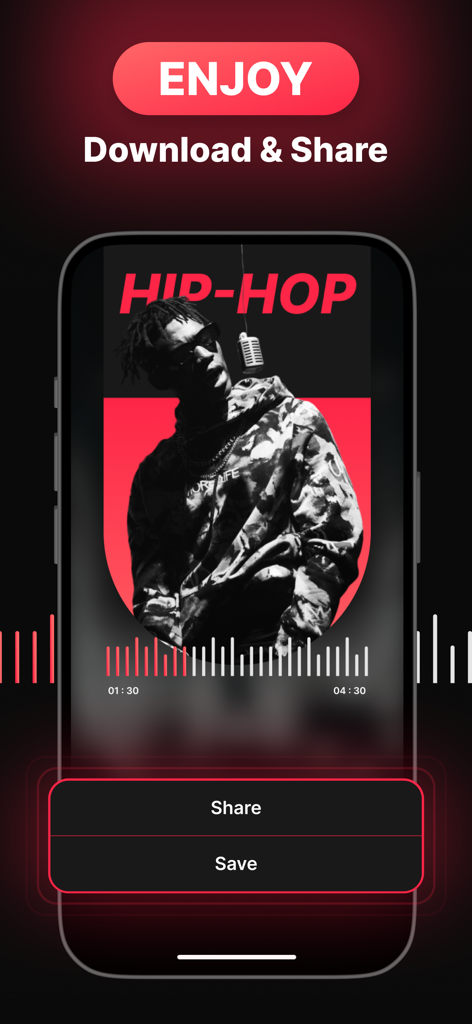 AI Music Maker: Make Own Song - Mobile app interface showing options to share and save a generated hip-hop track with artist artwork and music waveform.