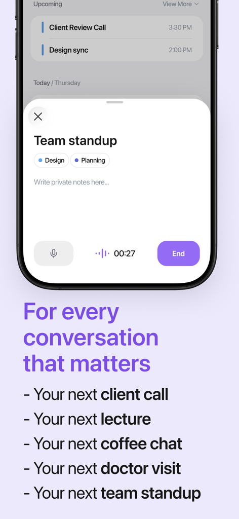 Jamie - AI Note Taker - Jamie AI Note Taker app interface showing a meeting recording for a team standup on a smartphone.