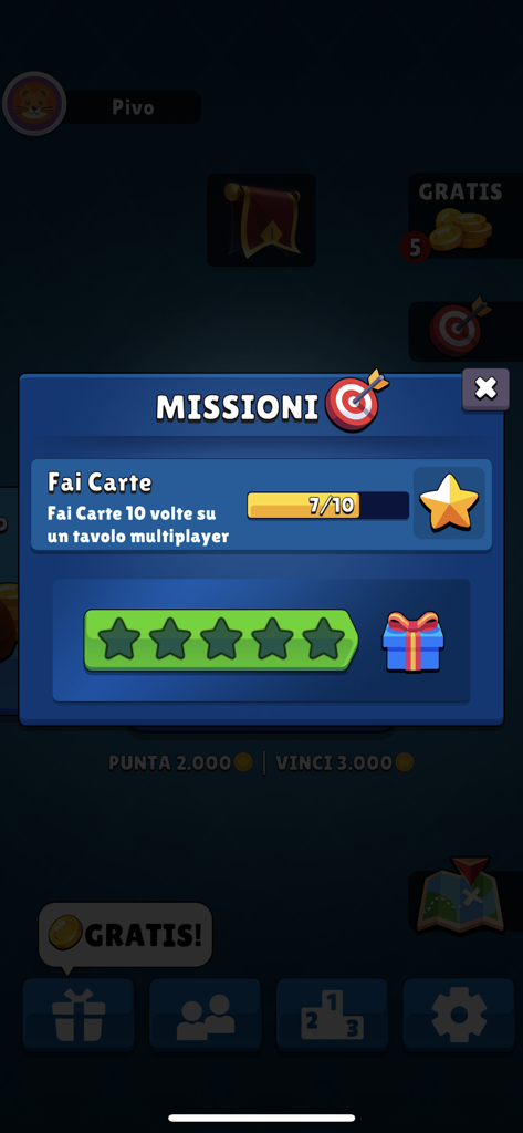 Schermata delle missioni giornaliere e ricompense di Scopa Classica